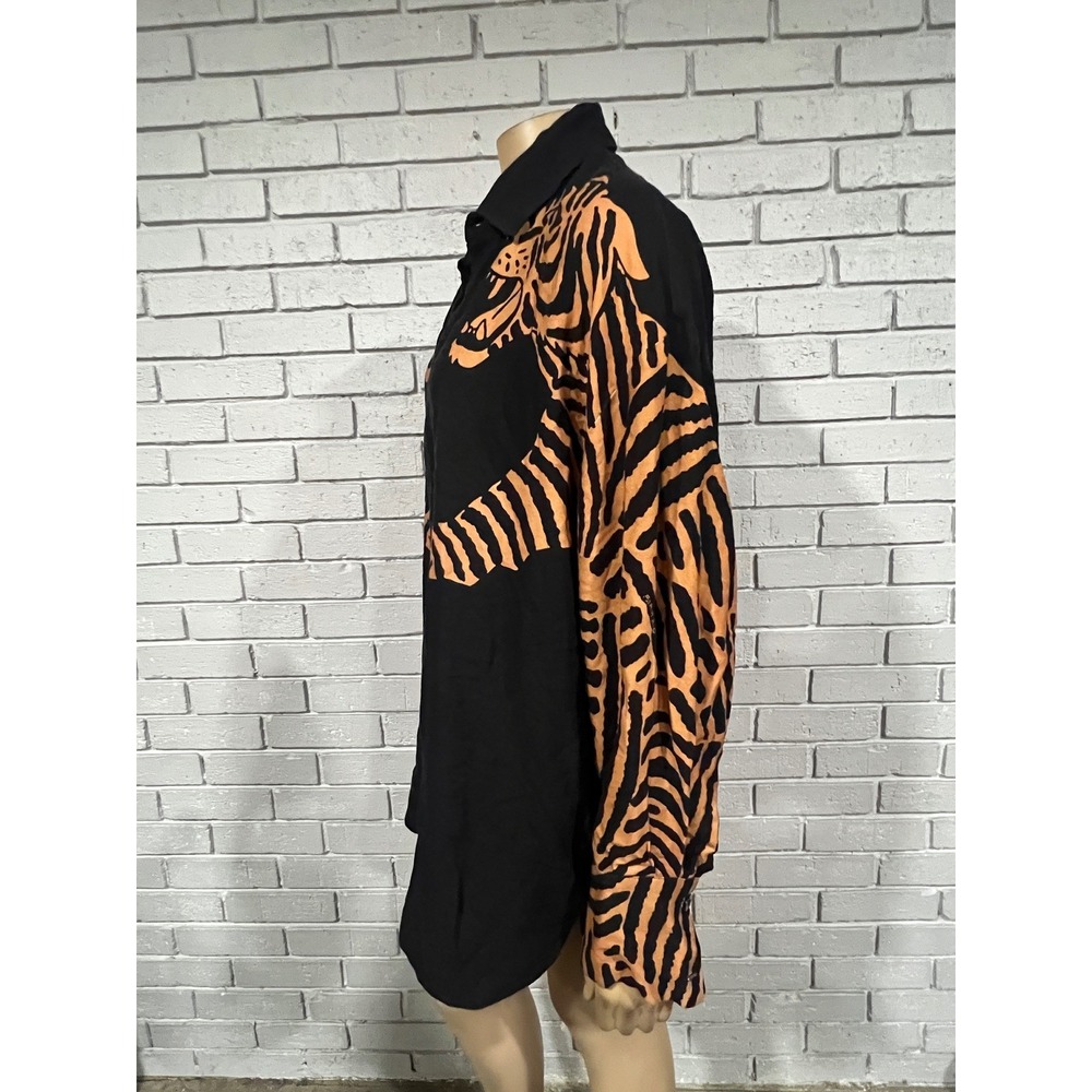 Farm Rio Black Orange Tiger Graphic Oversized Button Down Shirt Womens | Small - Picture 6 of 14